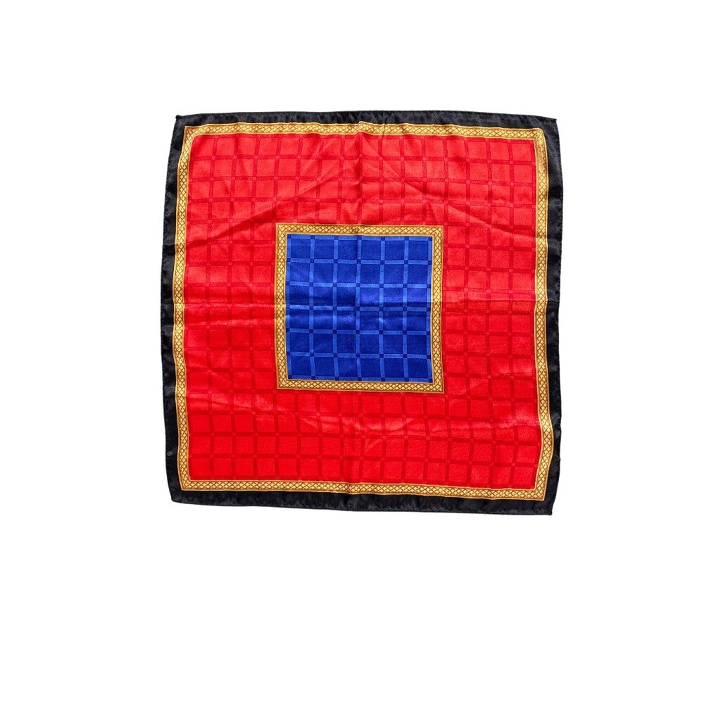 Vintage Liz Claiborne Red Blue Plaid Polyester Scarf With Black Gold Trim Headwe